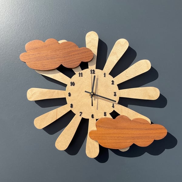 Sun & Clouds Wooden Clock