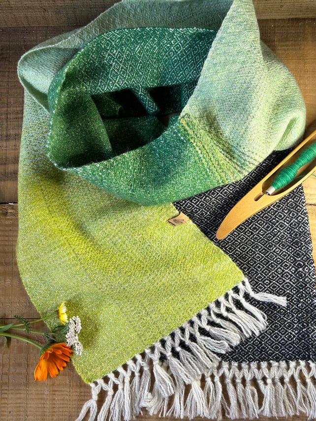 British Wool Scarf in Shades of Green & Black. Hand Dyed & Hand Woven Scarf