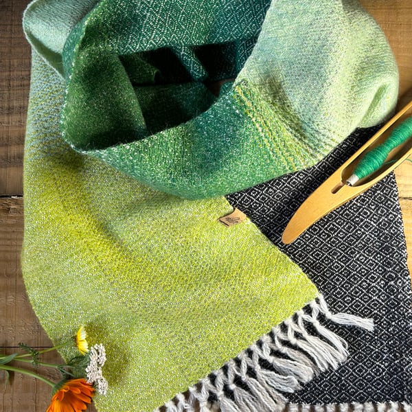 British Wool Scarf in Shades of Green & Black. Hand Dyed & Hand Woven Scarf