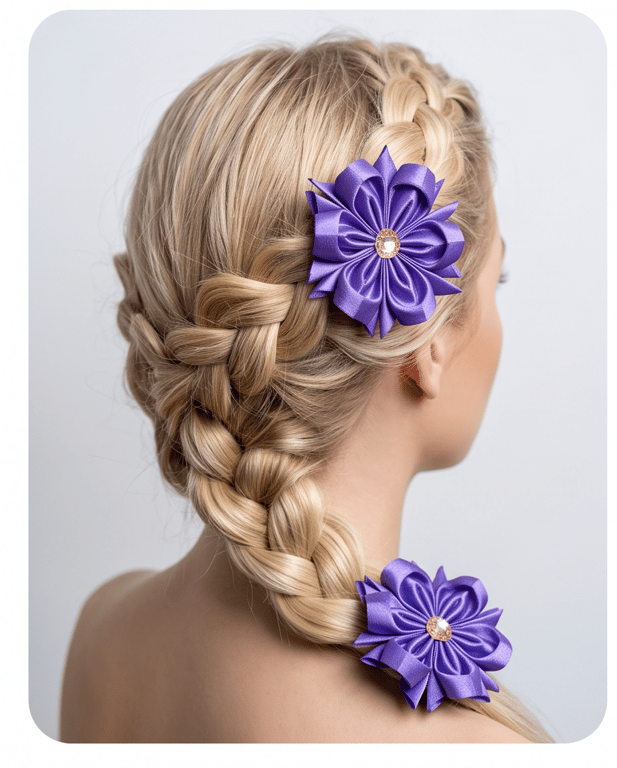 Pair of Purple Satin Ribbon Flower Hair Ties, Ponytail Holders for School 