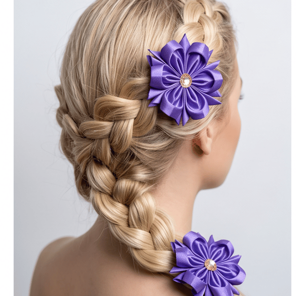 Pair of Purple Satin Ribbon Flower Hair Ties, Ponytail Holders for School 