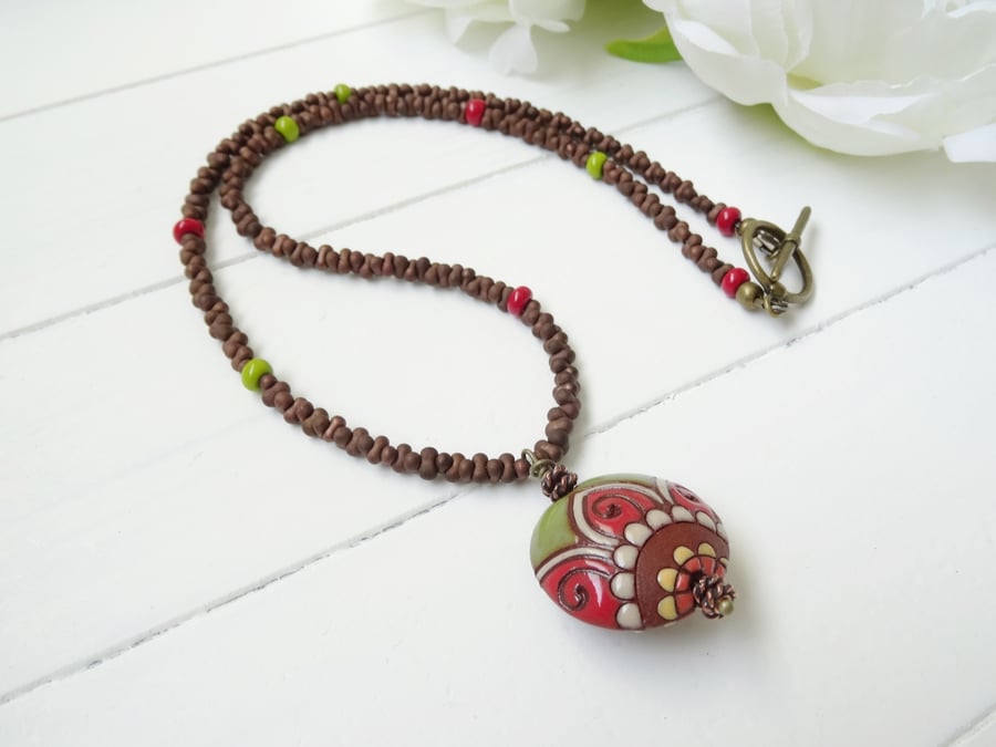 Ceramic Necklace, Czech Glass Necklace, Brown Necklace, Red Necklace, Green Neck