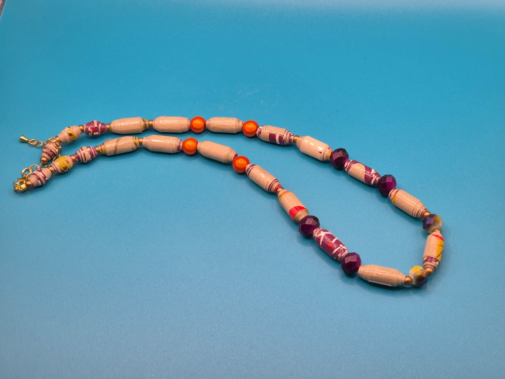 Necklace made with multi coloured wall paper beads and preloved colourful beads