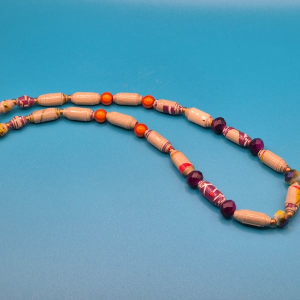 Necklace made with multi coloured wall paper beads and preloved colourful beads