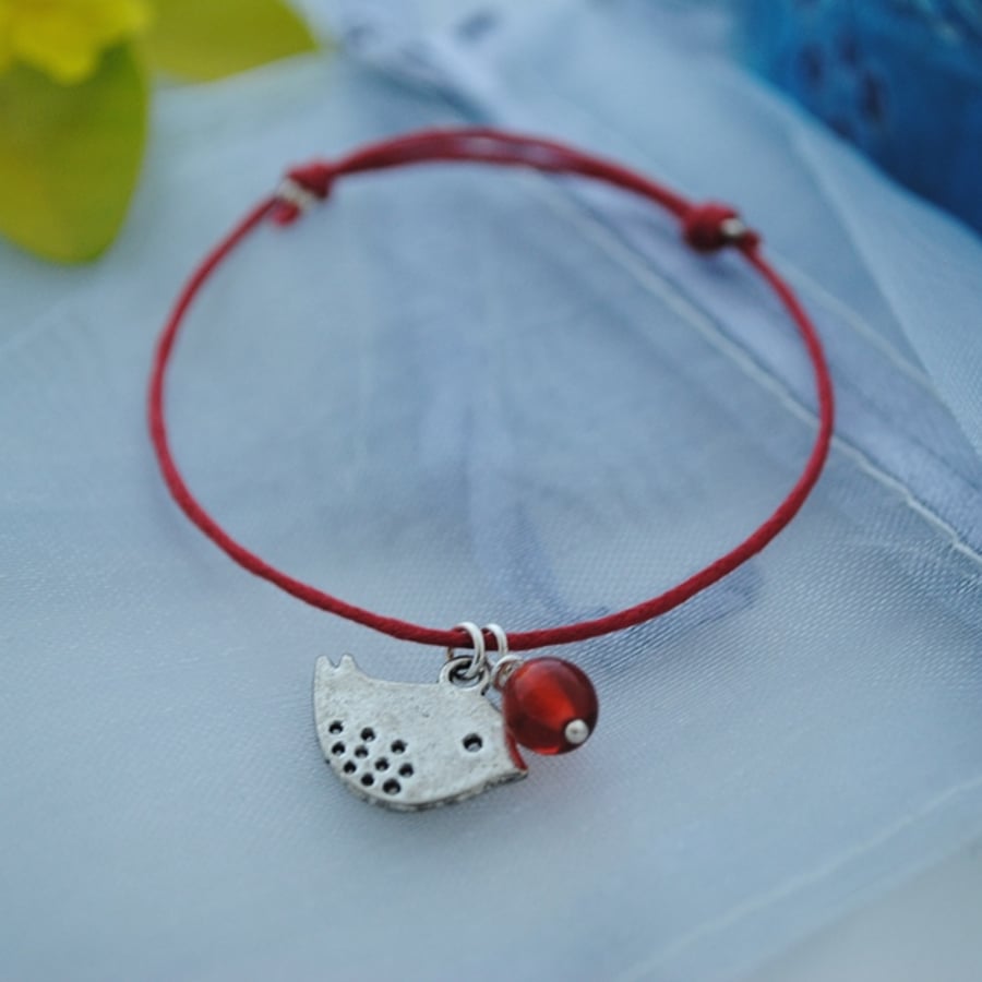Friendship Bracelet-Red cord with silver bird 