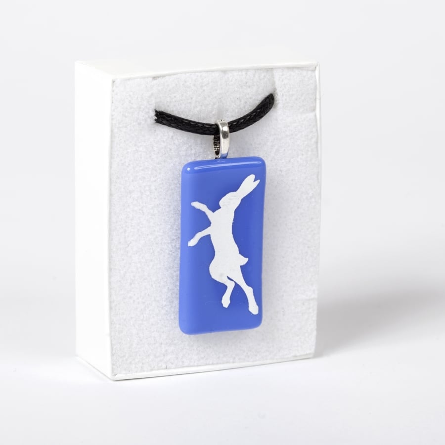 Boxing Hare Necklace in Glass with White Screen Printed Kiln Fired Enamel