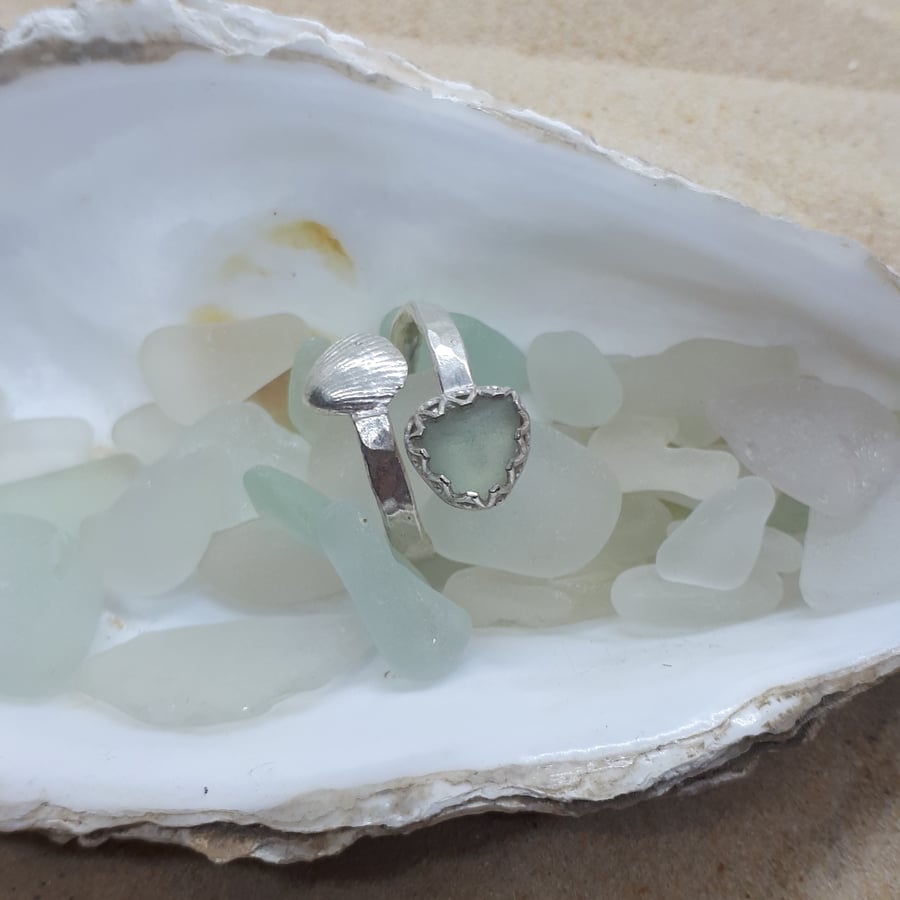 Warm grey adjustable sea glass ring TL2