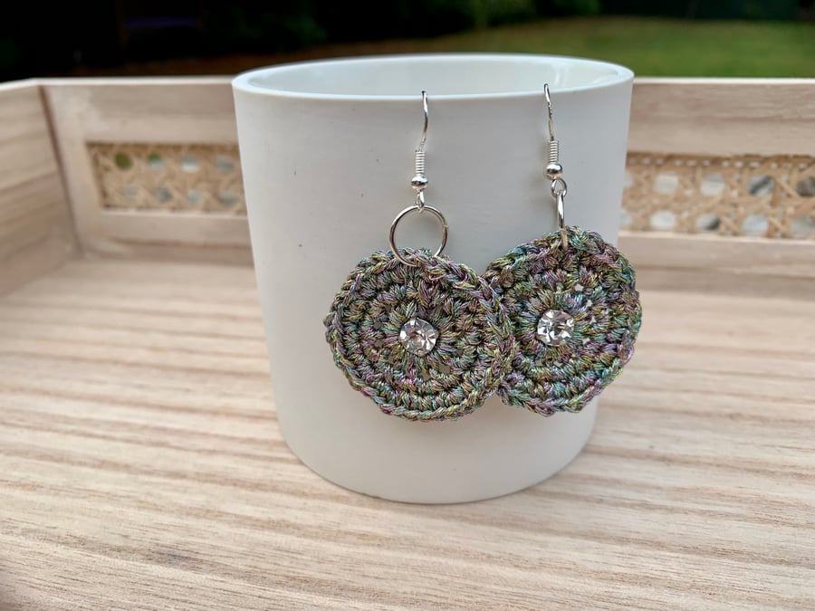 Handmade Crochet Sparkly Silver & Crystal Dangle Earrings