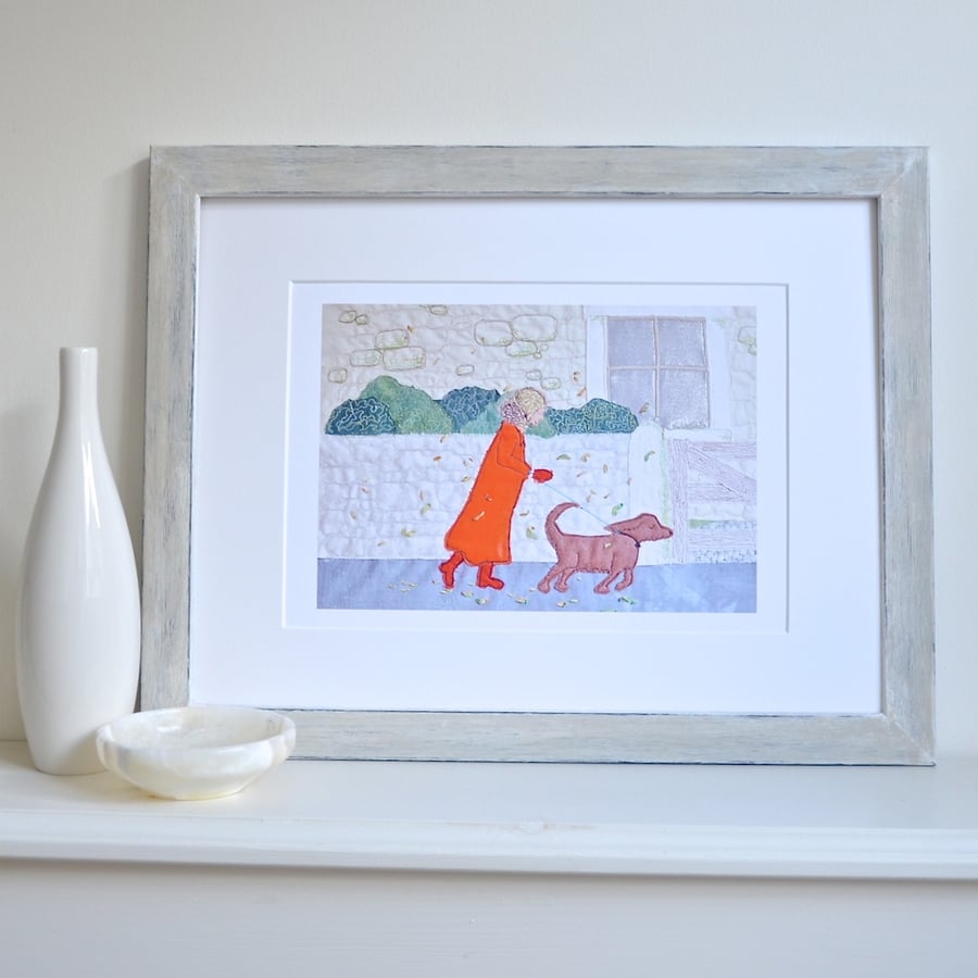 Lady and dog taking an autumn walk picture - 'A Blustery Walk' print