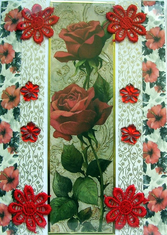 Red Rose Flowers - Hand Crafted Decoupage Greeting Card - Blank 3780