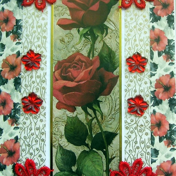Red Rose Flowers - Hand Crafted Decoupage Greeting Card - Blank 3780