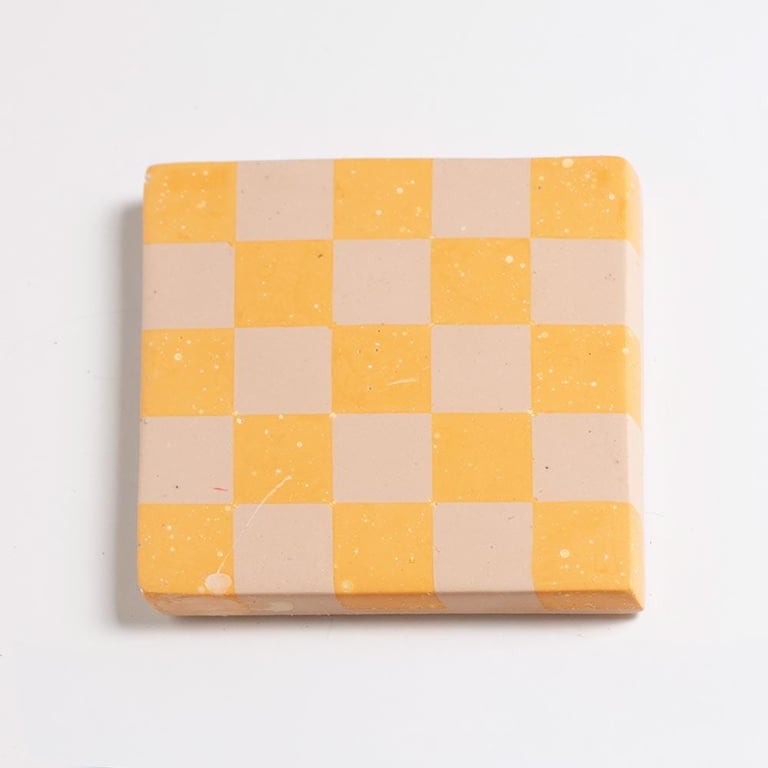 Summer Checkered Coaster - Orange & Pink Cork Jesmonite, Handmade Home Decor