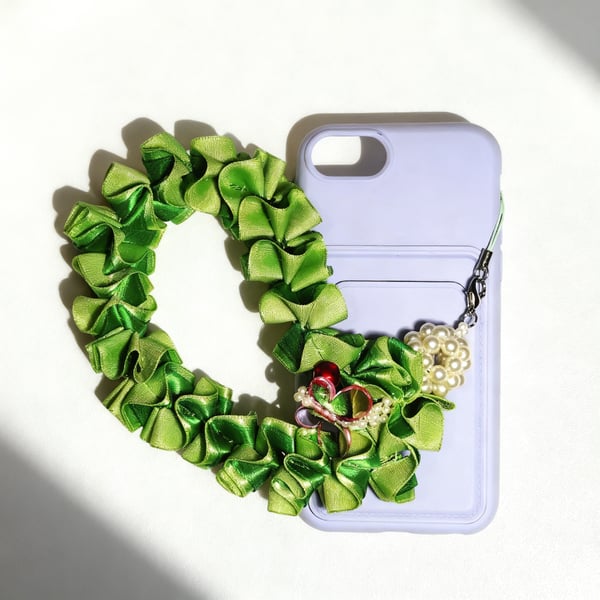 Handmade Green Satin Ribbon Phone Strap with Pearls, Seed Beads & Red Bell Charm