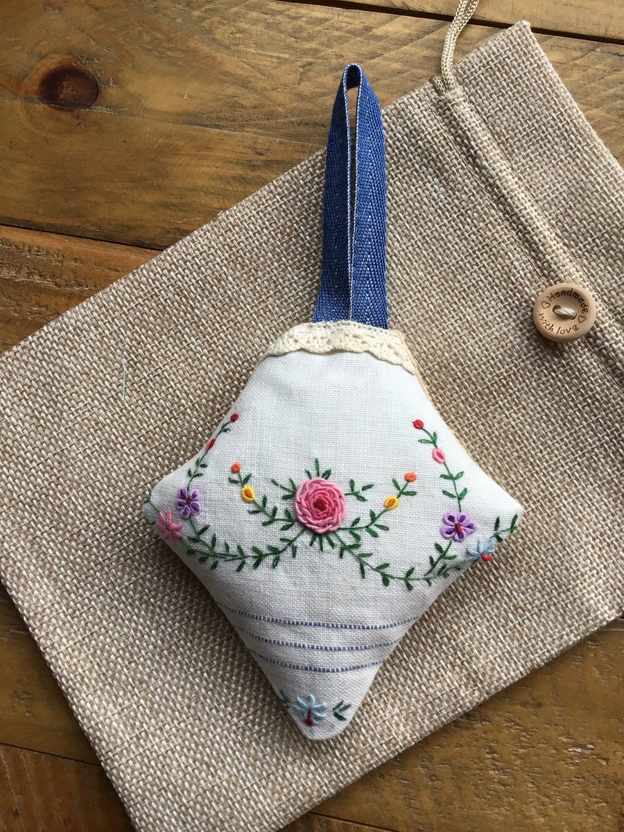 Repurposed embroidery lavender bag.