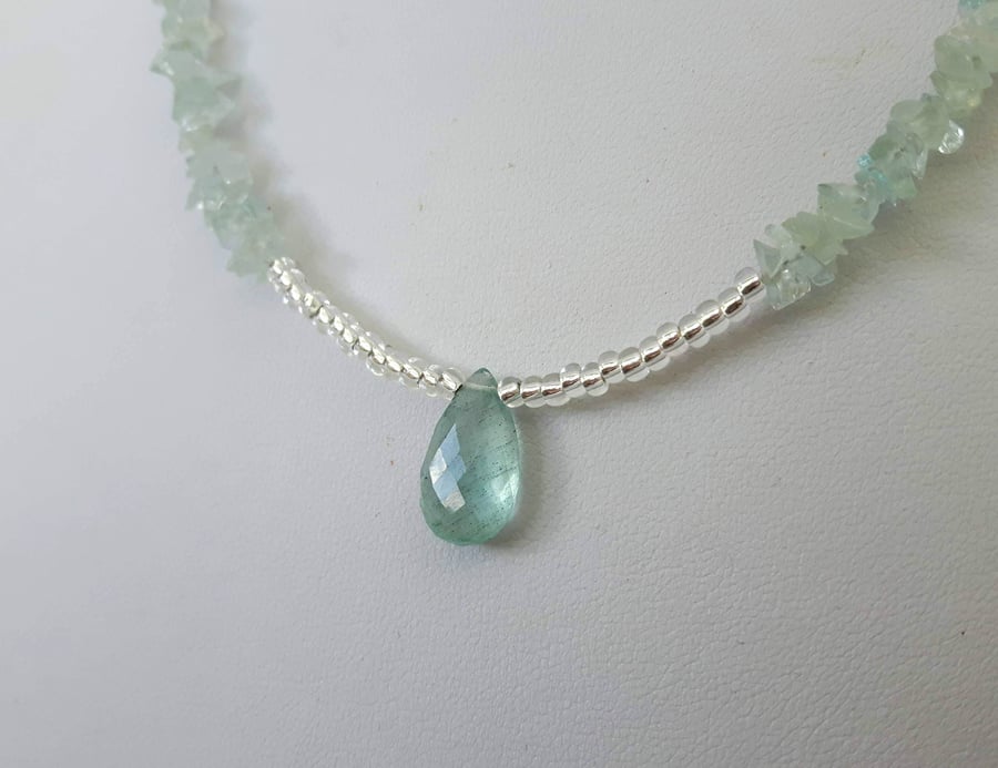 Aquamarine and Silver Gemstone Necklace with Faceted Teardrop Pendant 