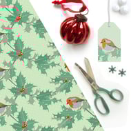 Robin and Holly Christmas Gift Wrap - Vintage Style, Retro Polka Dot