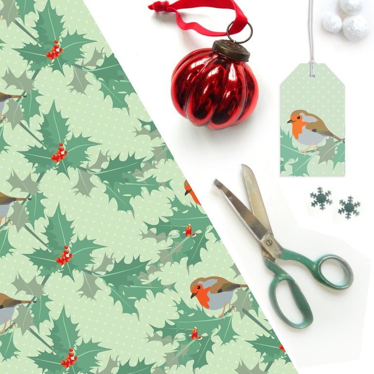 Robin and Holly Christmas Gift Wrap - Vintage Style, Retro Polka Dot