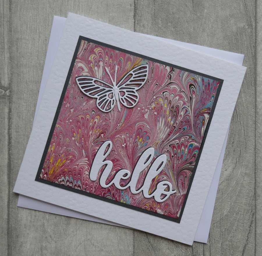 Die Cut Butterfly and Pink Marbled Paper - Hello - Blank Greetings Card