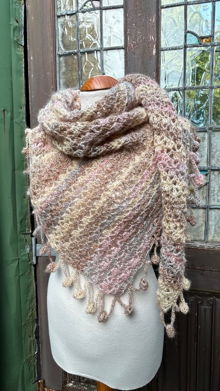 Mohair Handmade Asymmetrical Triangle Lace Shawl in Soft Pastel Colours