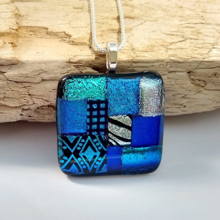 Shades of Blue fused glass mosaic pendant