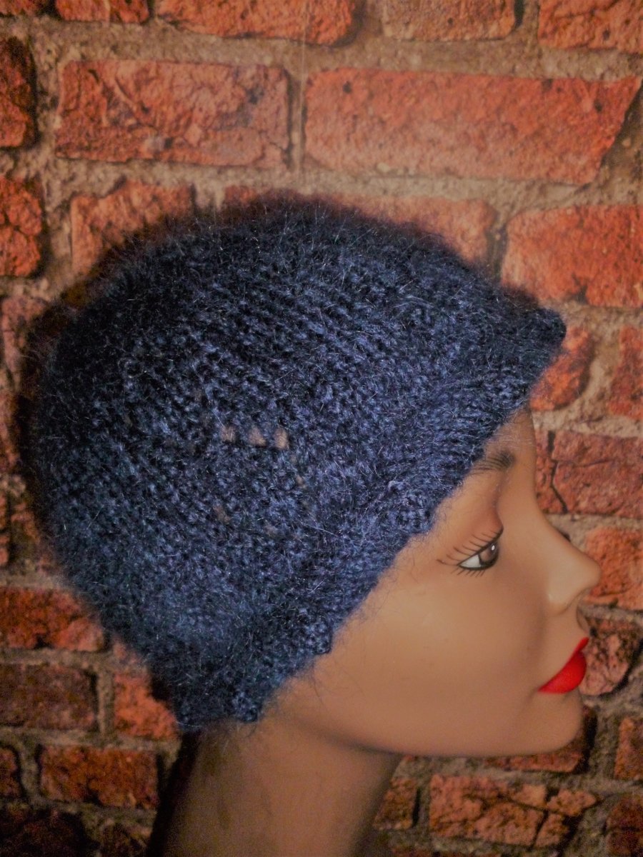 Women's 1960's Style Knitted Navy Mohair Hat
