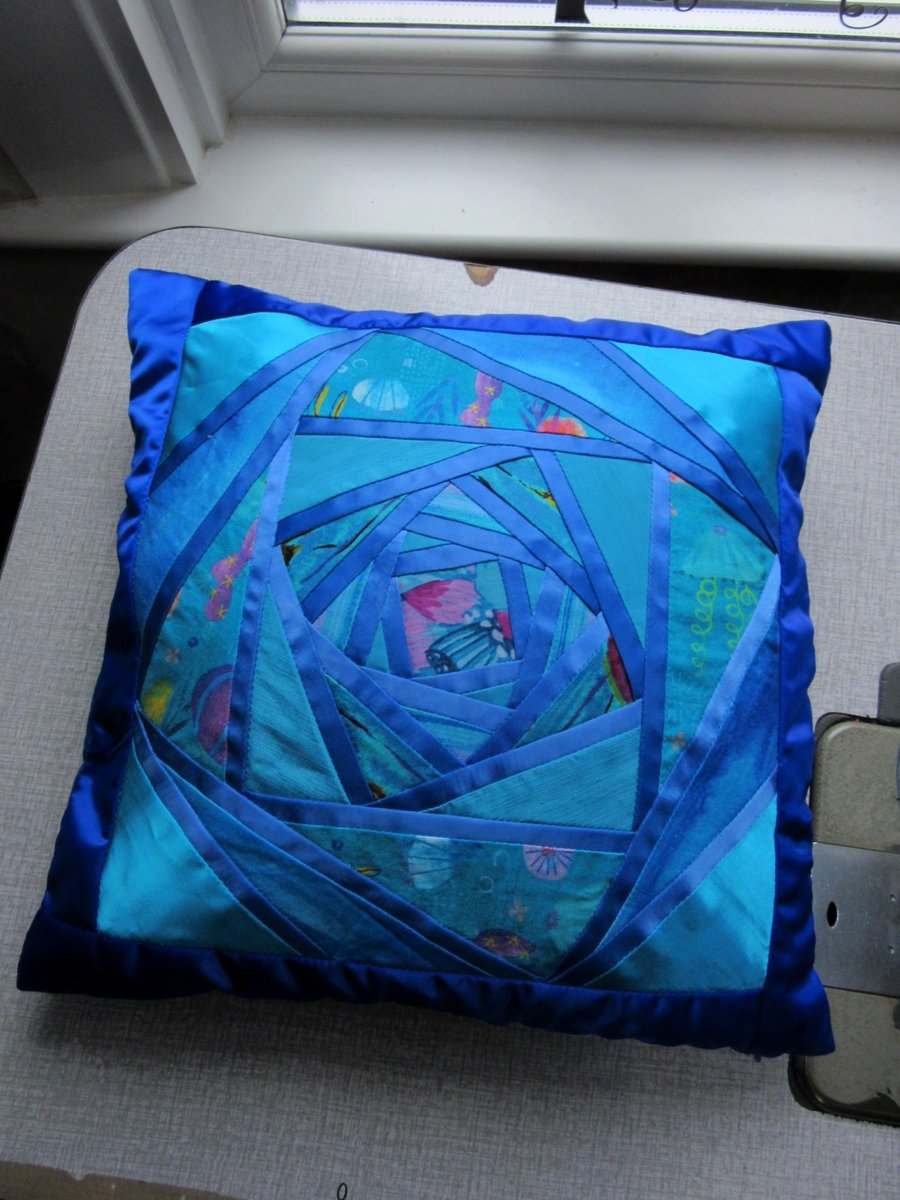 blue patchwork cushion  twisted squares 14" square available with or without pad