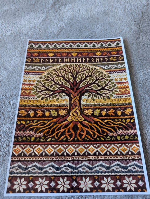 Viking Celtic Pagan Tree of Life Fair Isle knitted A4 Photo Print