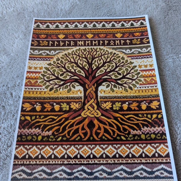 Viking Celtic Pagan Tree of Life Fair Isle knitted A4 Photo Print