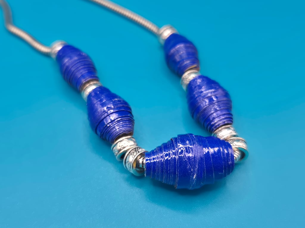 Midnight blue paper beaded necklace with a silvery chain