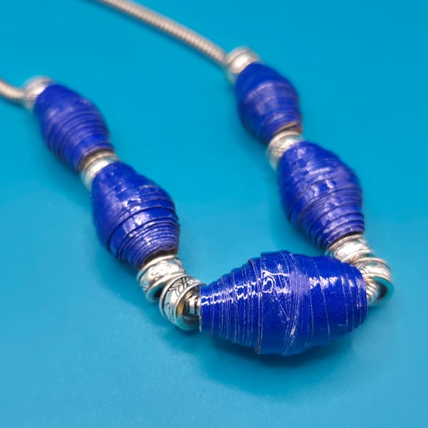 Midnight blue paper beaded necklace with a silvery chain