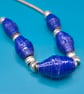 Midnight blue paper beaded necklace with a silvery chain