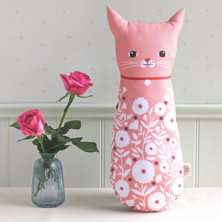Pink Cat Cushion - Colourful Fabric Cat - Decorative Animal Cushion - Cat Gift