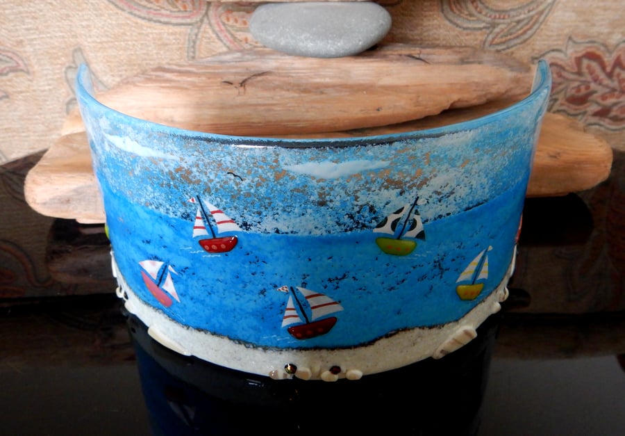 Fused Glass Free-standing curved 'Sailing' Picture.