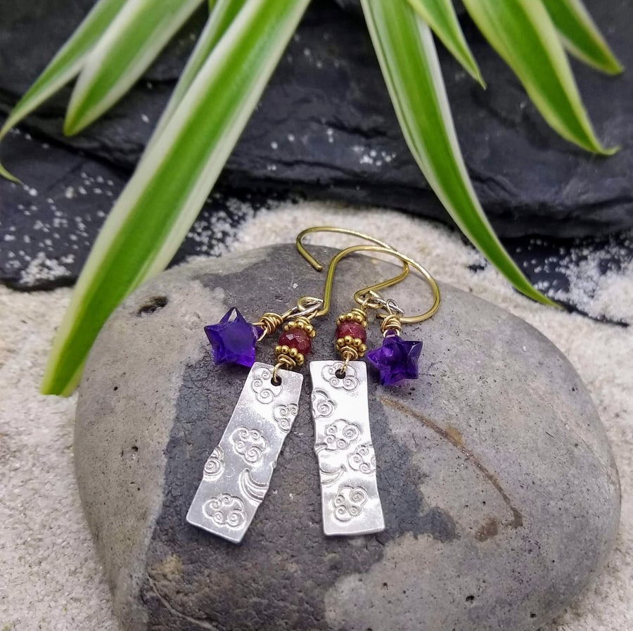 Silver Moons and Amethyst Stars on a Cloudy Night Earrings