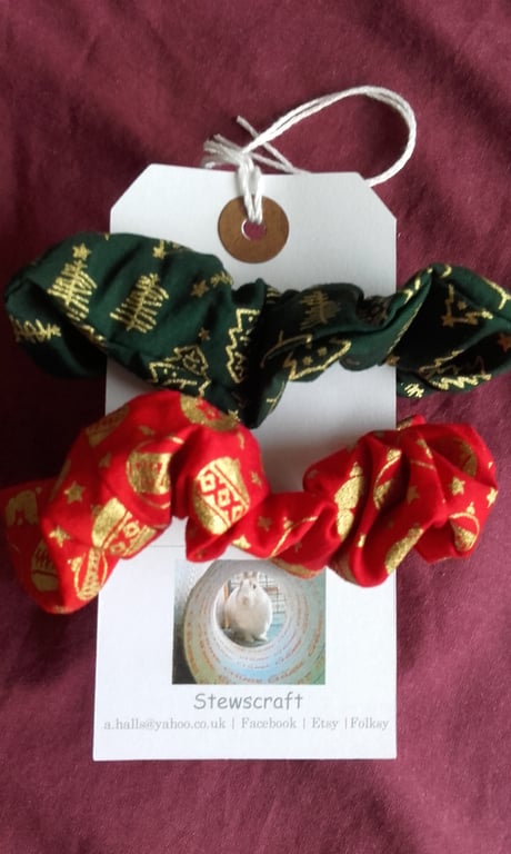 hair scrunchies, two Christmas scrunchies, hair ties, red & green scrunchies 
