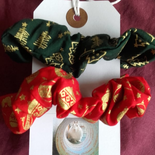 hair scrunchies, two Christmas scrunchies, hair ties, red & green scrunchies 