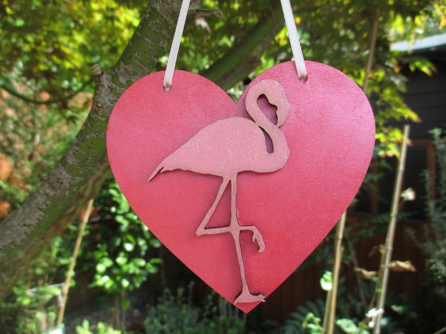 Flamingo Hanging Decoration Wood Wooden Love Heart Pink Bird with Glitter