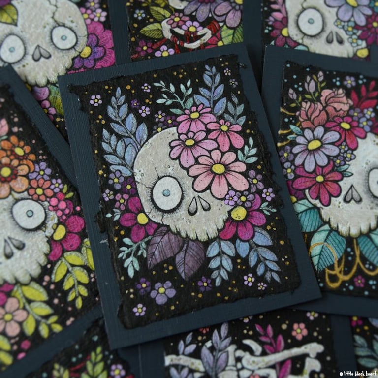 bony botanical skull - original aceo