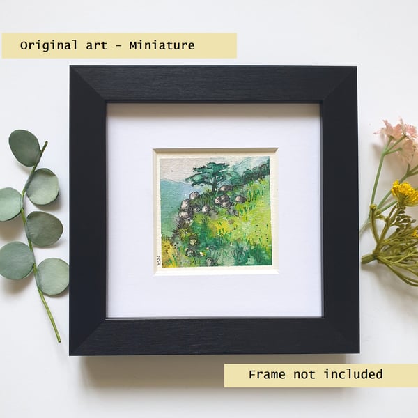 Miniature landscape painting - Lone tree on a rocky hill, watercolour 