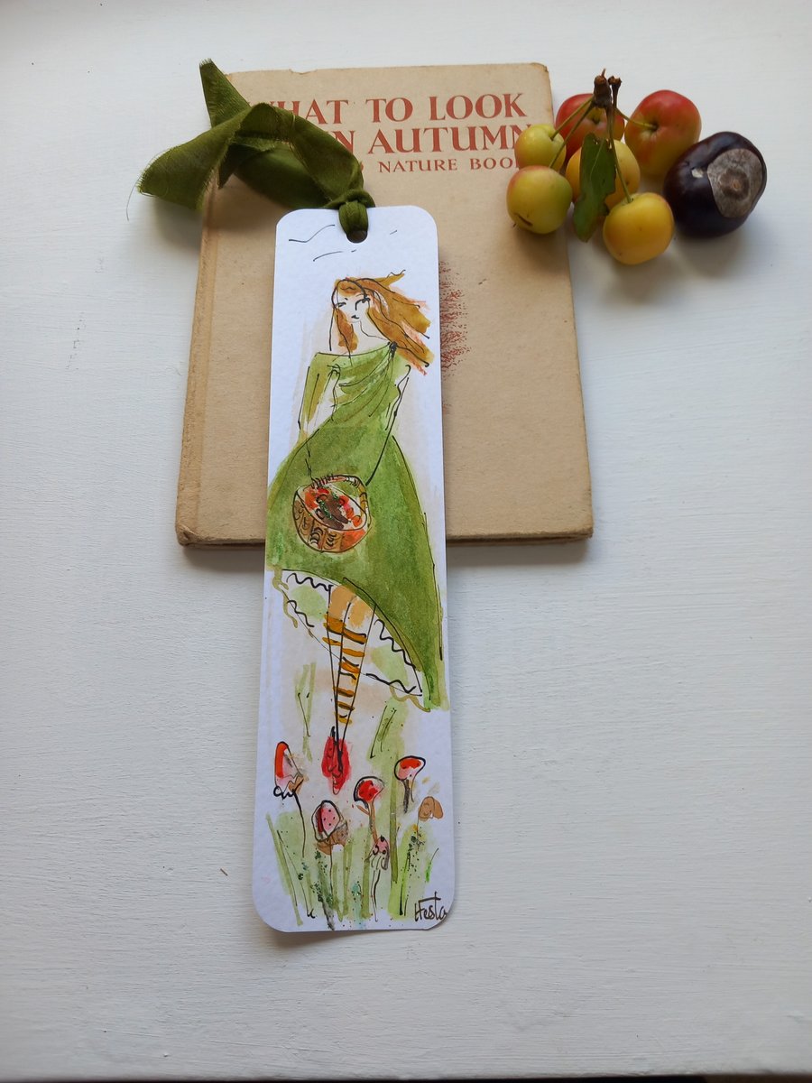  'Nature girl' Hand drawn and painted bookmark with silk ribbon '
