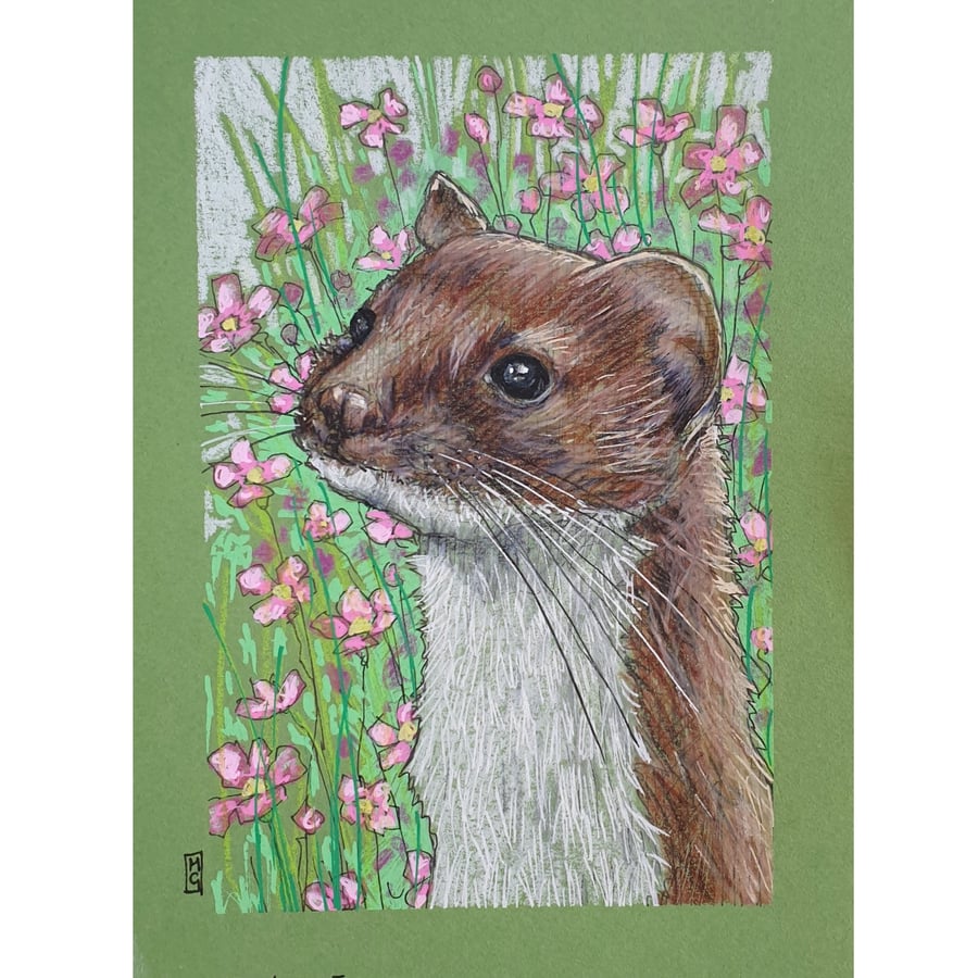 Portrait of a Weasel with pink flowers original drawing, small animal wall art