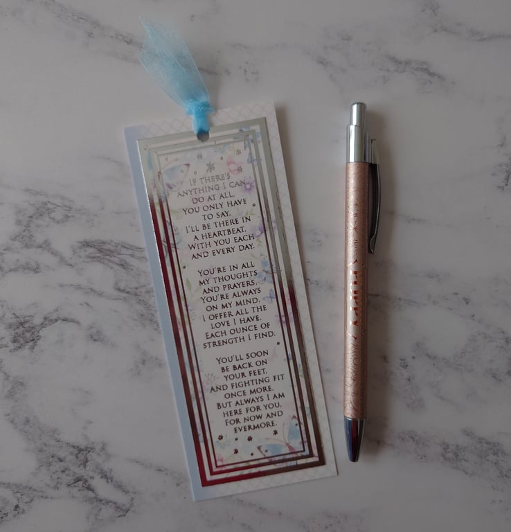 Bookmark Tag With Get Well Soon Poem Silver Foiled Blue Organza Ribbon