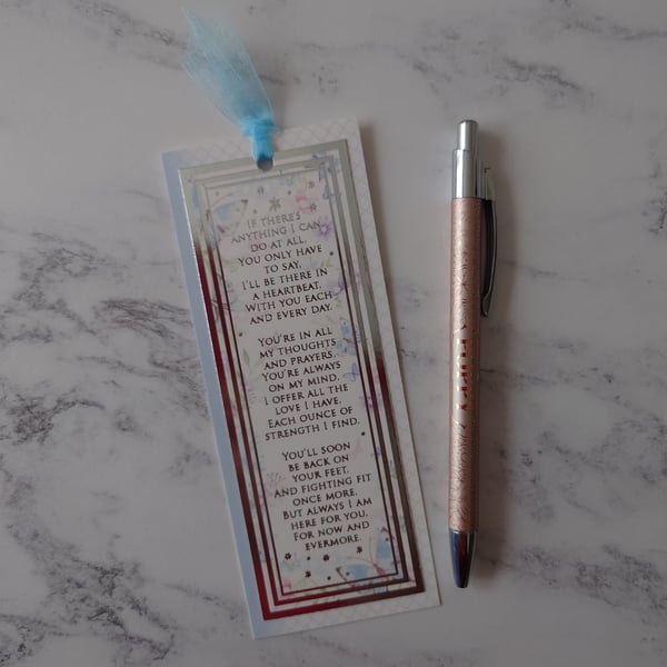 Bookmark Tag With Get Well Soon Poem Silver Foiled Blue Organza Ribbon
