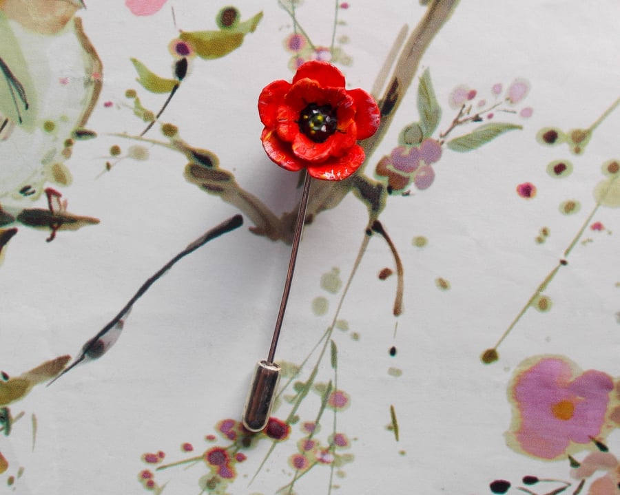 TINY RED POPPY PIN Wedding Corsage Remembrance Lapel Flower Brooch HAND PAINTED