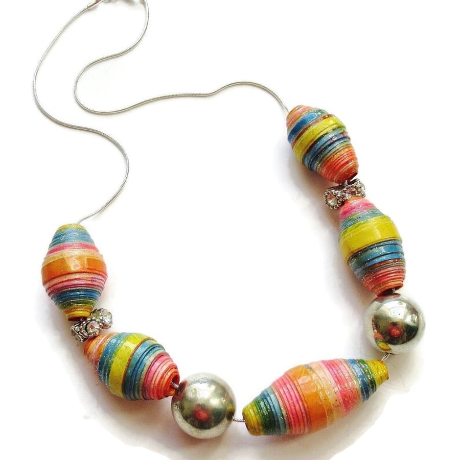 Paper Bead Necklace Rainbow Colours Chunky Unique Beaded Bib Silver Tone Chain