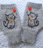 Hand Knitted Grey Gloves With Embroidered Cat With Yellow Collar (J145)
