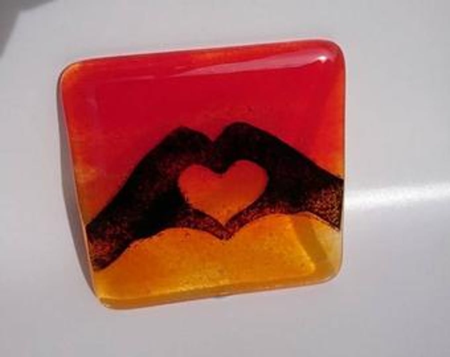 Fused Glass Sunset Hand Heart Coaster