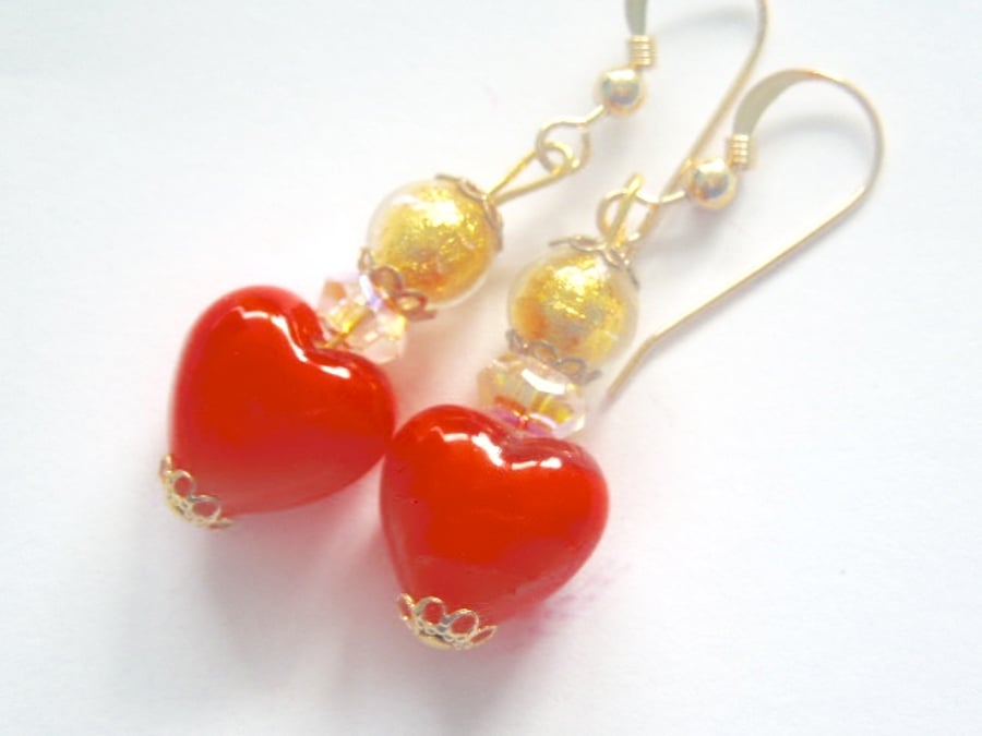 Murano glass gold and orange heart earrings with Swarovski crystal