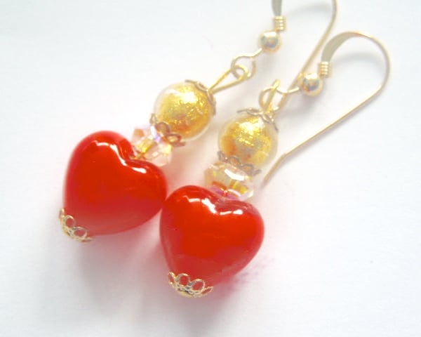 Murano glass gold and orange heart earrings with Swarovski crystal