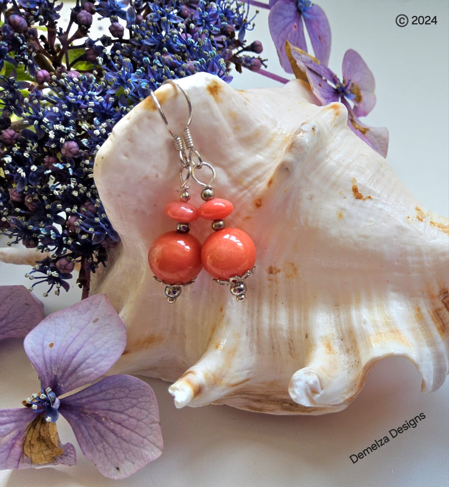 Elegant, Eco Peach Bamboo Coral Sterling Silver Earrings